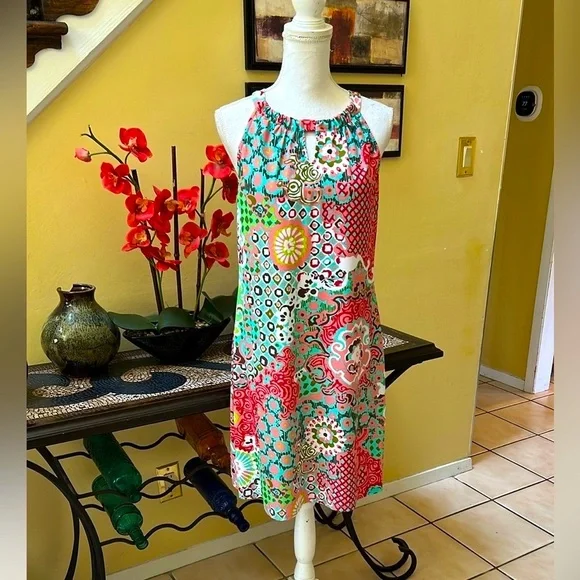 Jude Connally Abstract Medallion Print Coral Green Sz 14 Sheath Mini Dress USA - Picture 2 of 15